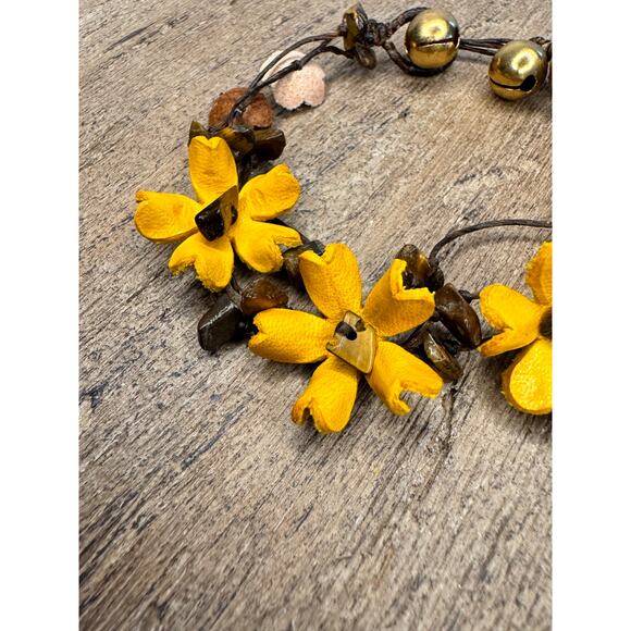 Handmade Genuine Leather Flower Bracelet w Rocks Yellow Bracelet Sustainable - Picture 5 of 8
